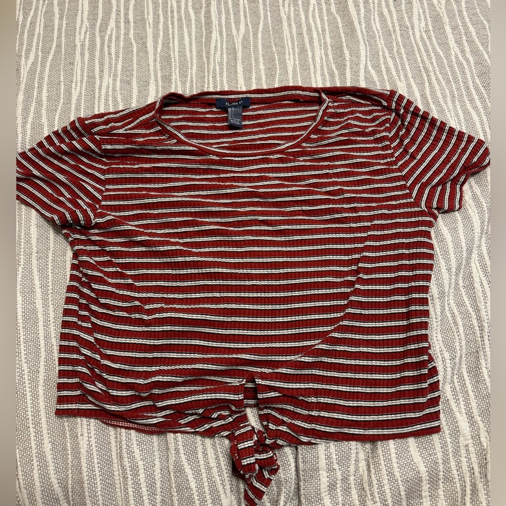 Forever 21 Red with Black/White Stripes Tied Up Crop Top